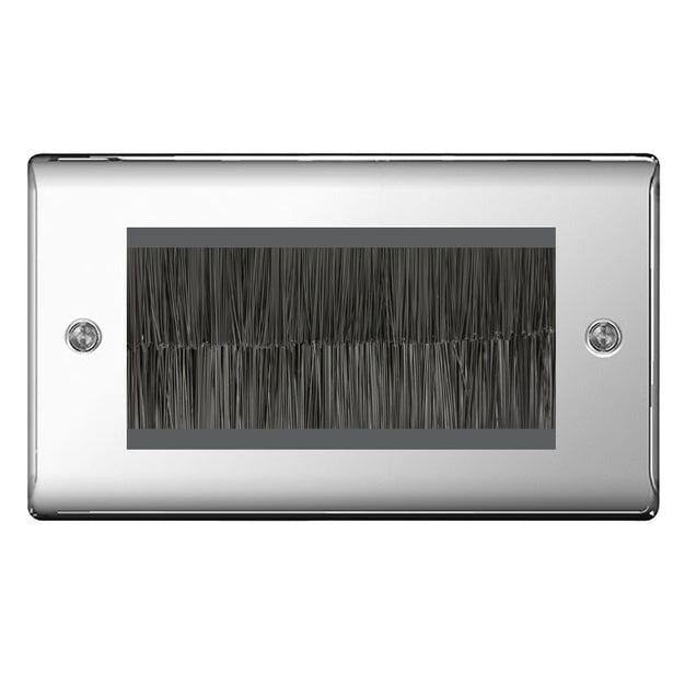 BG Polished Chrome Double 4 Gang Brush Cable Entry Wall Plate Black