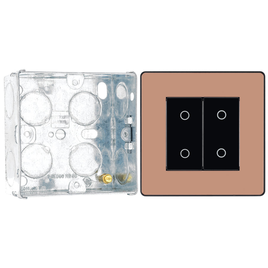 BG Evolve Polished Copper Double Secondary Touch Dimmer Switch PCDCPTDS2B with 35mm Steel Back Box
