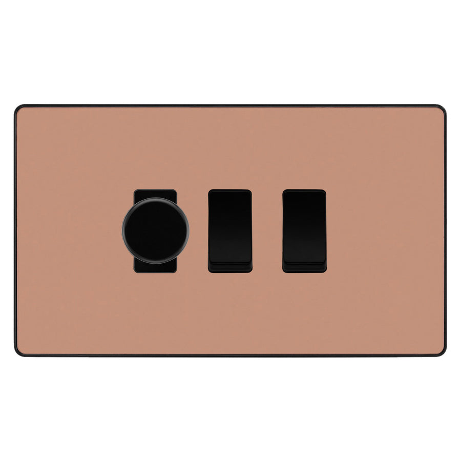 BG Evolve Polished Copper 3 Gang Light Switch 1x Trailing Edge LED Dimmer 2x 2 Way Custom Switch