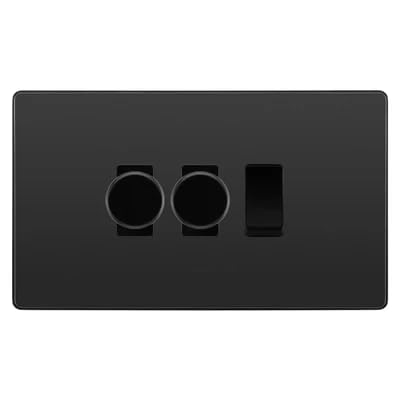 BG Evolve Black Chrome 3 Gang Switch 2x Trailing Edge LED Dimmer 1x Intermediate Custom Grid Switch