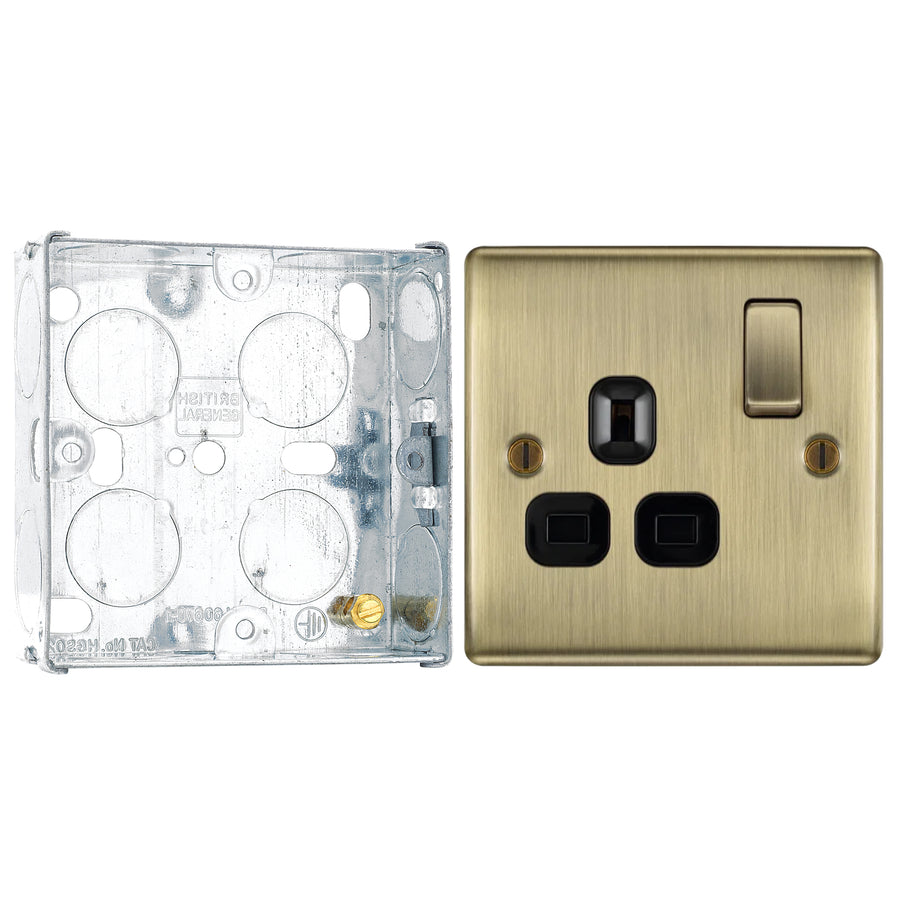 BG Nexus Antique Brass 13A Single Switched Socket NAB21B with 25mm Steel Back Box