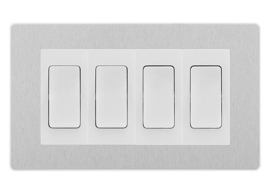 BG Evolve Brushed Steel 4 Gang Intermediate Light Switch Custom Grid - White Insert