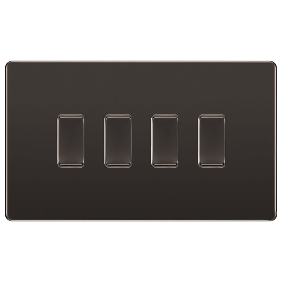 BG Black Nickel Screwless Flat Plate 4 Gang Light Switch 1x Intermediate 3x 2 Way Custom Switch