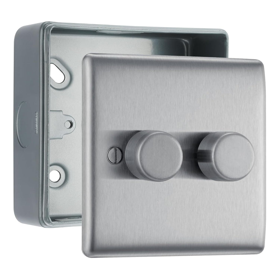 BG Nexus Brushed Steel 2-Way Double Trailing Edge Push Dimmer & Surface Pattress Back Box