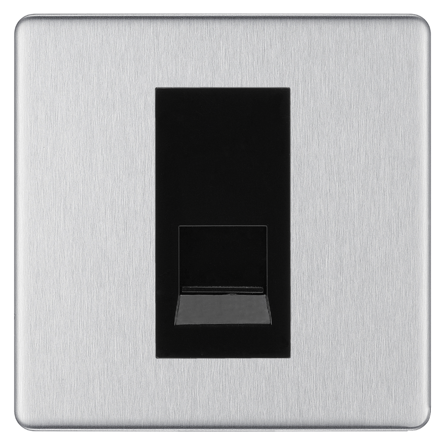 BG Screwless Brushed Steel Single Master Telephone Socket, Screw Terminal - Black Insert