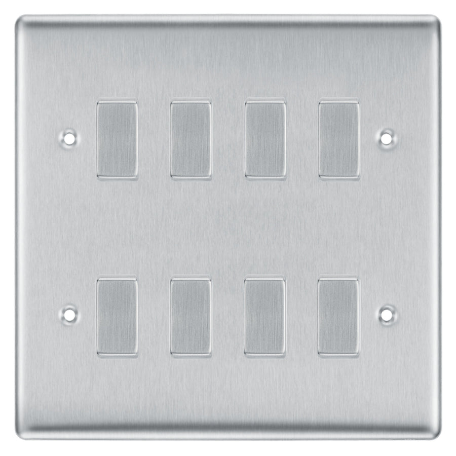 BG Brushed Steel 8 Gang 2 Way Custom Grid Light Switch Back Box Included