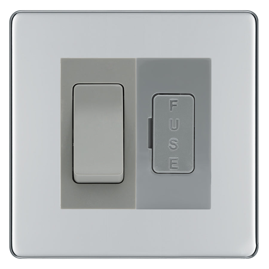 BG Flatplate Screwless Polished Chrome 20A Double Pole Switch & 13A Fused Spur Plate | Grey Insert