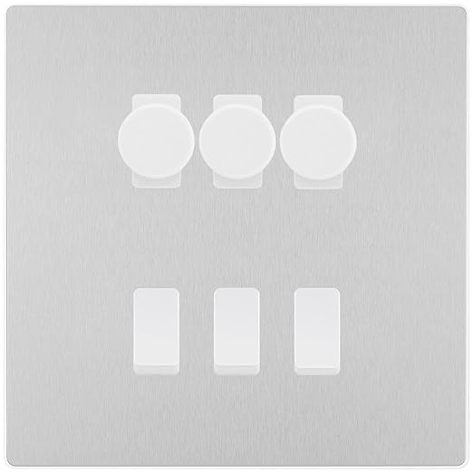 BG Evolve Brushed Steel 6 Gang Switch 3x Trailing Edge LED Dimmer 3x Intermediate Custom Grid Switch