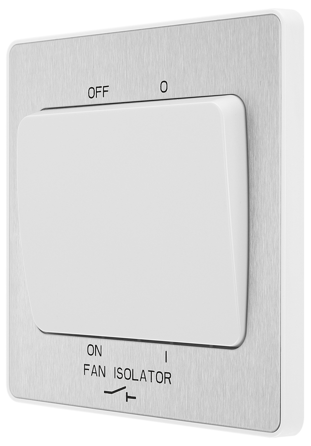 PCDBS15W Front - This Evolve Brushed Steel 10A triple pole fan isolator switch from British General provides a safe and simple method of isolating mechanical fan units.