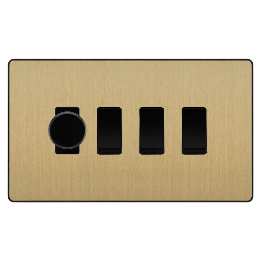 BG Evolve Satin Brass 4 Gang Light Switch 1x Trailing Edge LED Dimmer 3x 2 Way Custom Switch