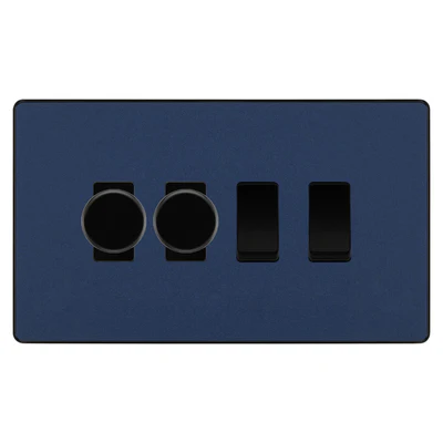 BG Evolve Matt Blue 4 Gang Switch 2x Trailing Edge LED Dimmer 2x Intermediate Custom Grid Switch