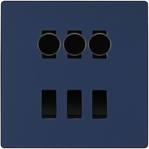BG Evolve Matt Blue 6 Gang Switch 3x Trailing Edge LED Dimmer 3x 2Way Custom Switch