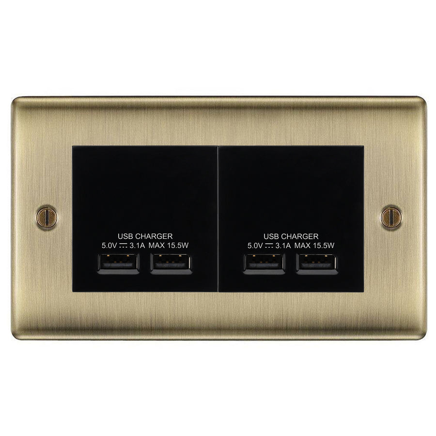 BG Nexus Antique Brass 4G Euro Plate with 2X USB-A Dual Chargers – Black Insert