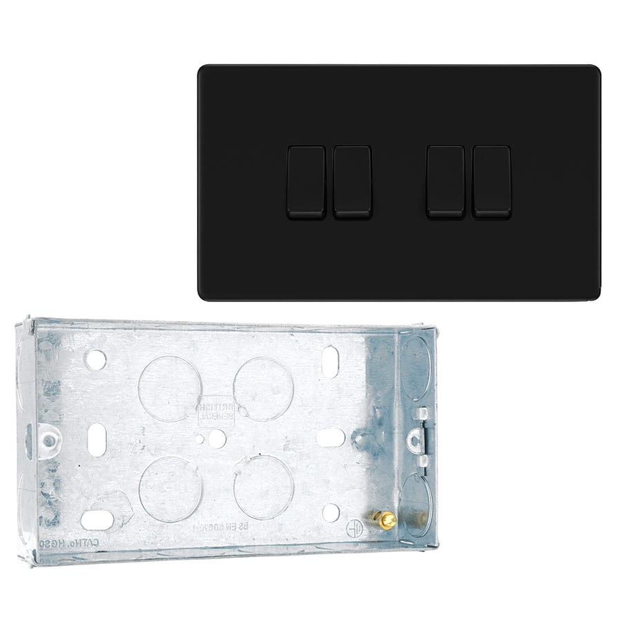 BG Screwless Matt Black 20A 16AX 2 Way Quadruple Light Switch FFB44 with 25mm Steel Back Box