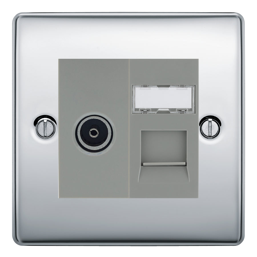BG Nexus Polished Chrome TV Aerial & RJ45 CAT6 Data Socket - Grey Insert