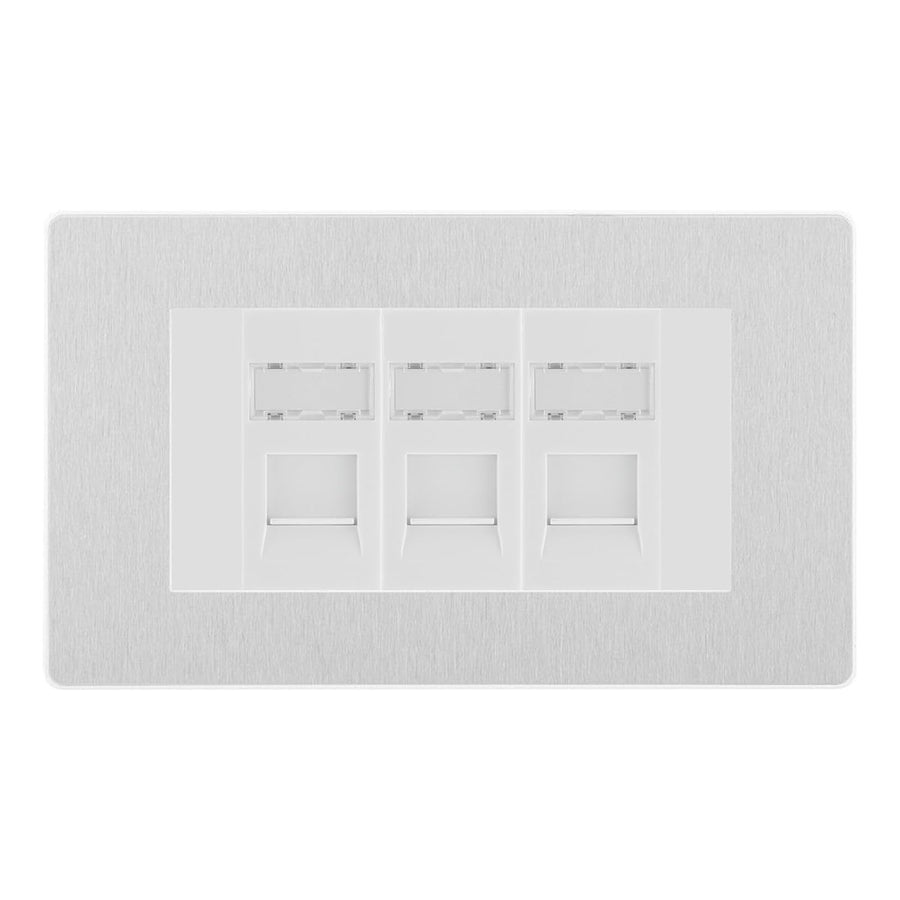 BG Evolve Brushed Steel 3 Gang RJ45 Cat6 Data Socket Outlet White Inserts