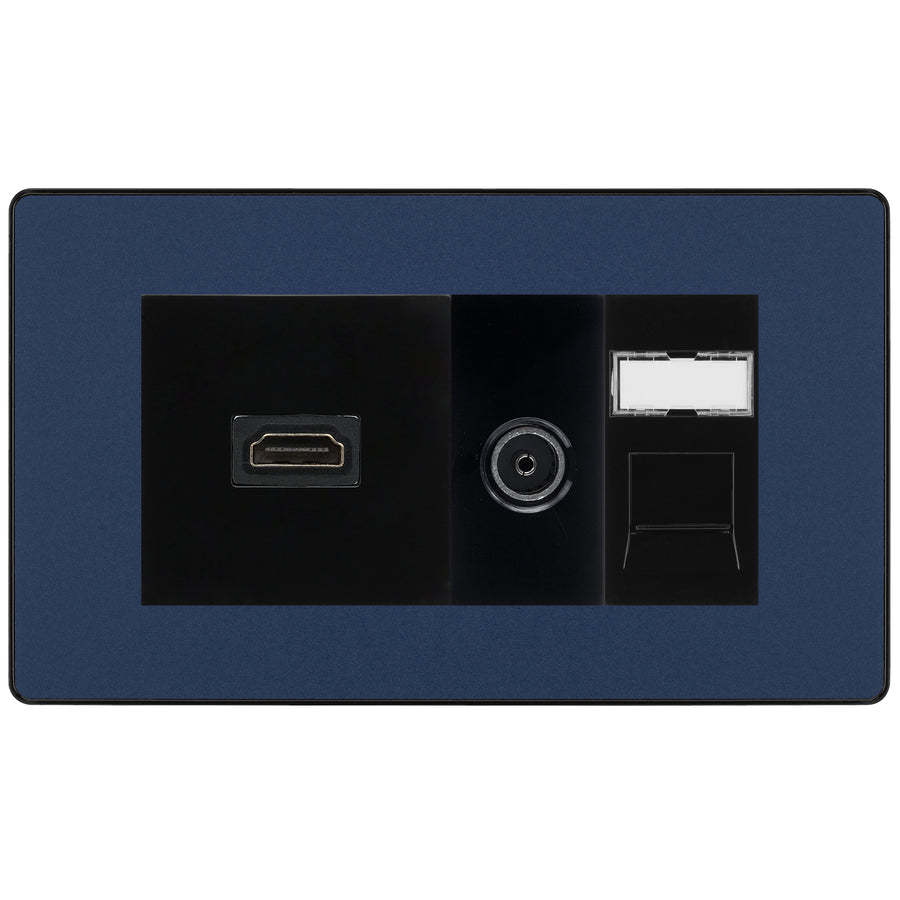 BG Evolve Media Wall Plate — TV Aerial, HDMI & CAT6 | Matt Blue Screwless