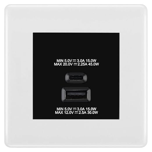 BG Nexus White 45W USB Wall Socket Euro Module USB-A & C - Black Insert