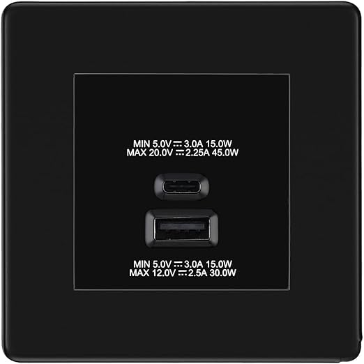 BG Screwless Matt Black 45W USB Wall Socket Euro Module USB-A & C - Black Insert