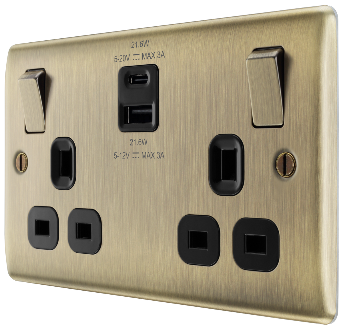 BG NAB22UAC22B Antique Brass Double Socket with USB 22W Type A & Type C ...