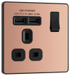 PCDCP21U2B Front - This Evolve Polished Copper 13A single power socket from British General comes with two USB charging ports, allowing you to plug in an electrical device and charge mobile devices simultaneously without having to sacrifice a power socket.