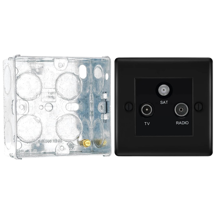 BG Nexus Matt Black Triplex TV/FM/Sat Socket NFB67 with 35mm Steel Back Box