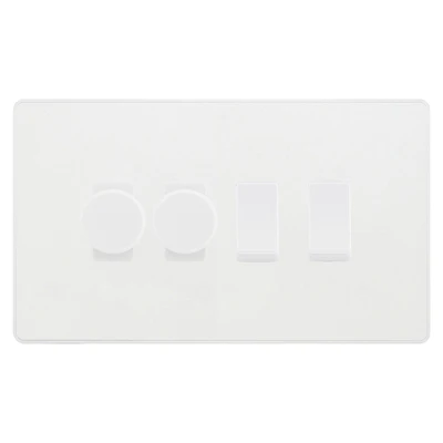 BG Evolve Pearlescent White 4 Gang Switch 2x Trailing Edge LED Dimmer 2x Intermediate Custom Grid Switch