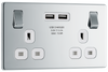 FPC22U3W Front - This completely screwless and  flat plate 13A double power socket from British Generslimlineal comes with two USB charging ports, allowing you to plug in an electrical device and charge mobile devices simultaneously without having to sacrifice a power socket.