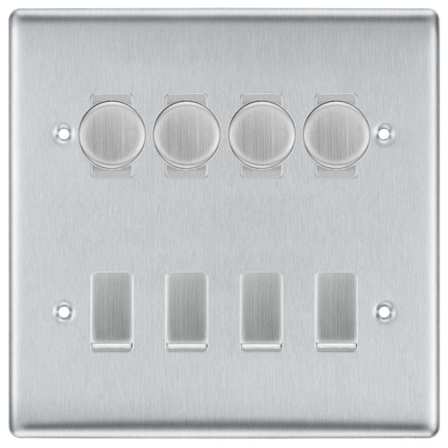 BG Nexus Brushed Steel 8 Gang Switch 4x Trailing Edge LED Dimmer 4x Intermediate Custom Grid Switch