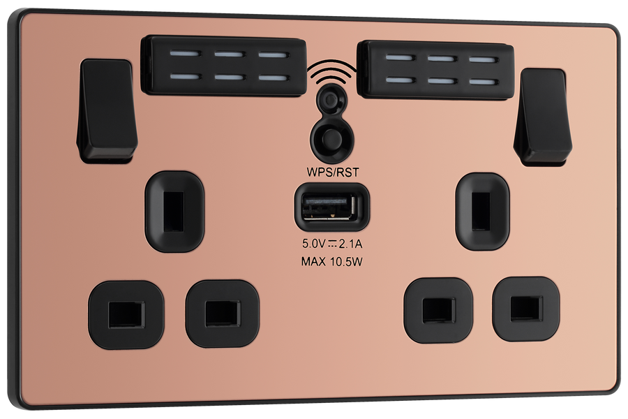 PCDCP22UWRB Front - This Evolve Polished Copper 13A double power socket with integrated Wi-Fi Extender from British General will eliminate dead spots and expand your Wi-Fi coverage.