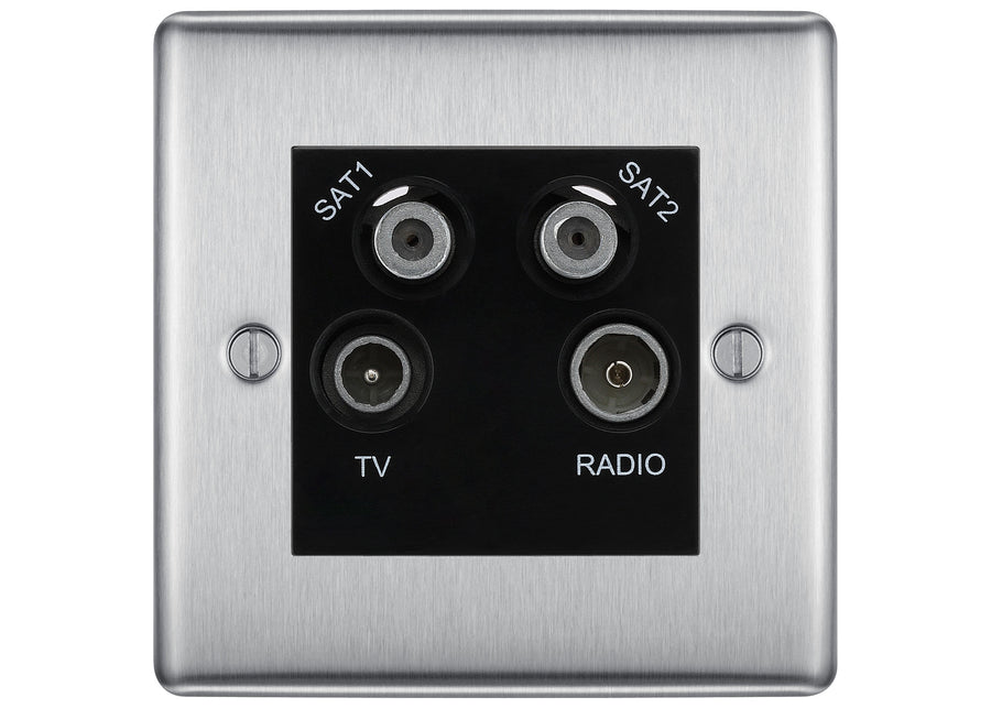 BG Nexus Brushed Steel TV/FM/2x SAT Quadplex Socket – Black Insert