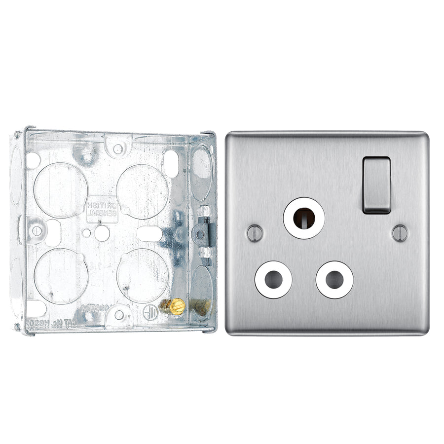 BG Nexus Brushed Steel 15A Switched Round Pin Single Socket NBS99W and 25mm Steel Back Box