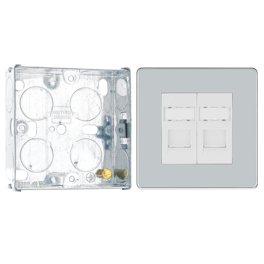 BG Screwless Polished Chrome RJ45 Double Data Outlet FPCRJ452 with 25mm Steel Back Box
