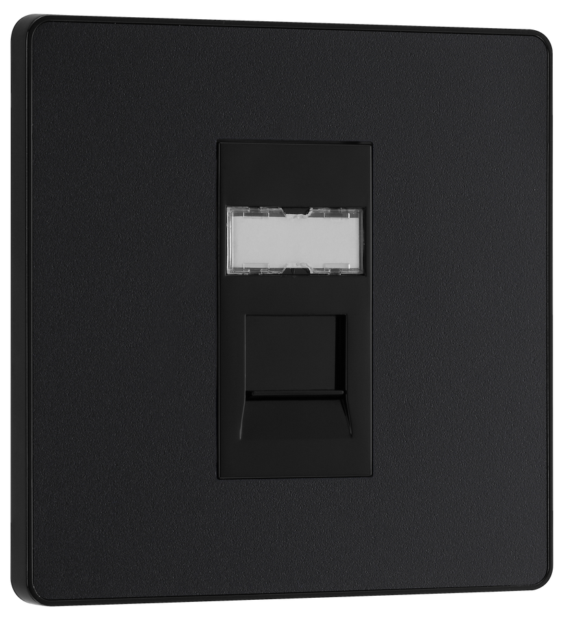 PCDMBRJ451B Front - This Evolve Matt Black RJ45 ethernet socket from British General uses an IDC terminal connection and is ideal for home and office, providing a networking outlet with ID window for identification. The Cat6 outlet supports data transfer speeds of up to 10Gbps at 250 MHz up to 164 feet.