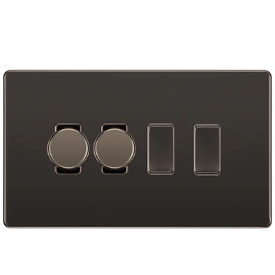 BG Screwless Black Nickel 4 Gang Light Switch Grid – 2x Trailing-Edge LED Dimmer, 1x Intermediate, 1x 2-Way Switch
