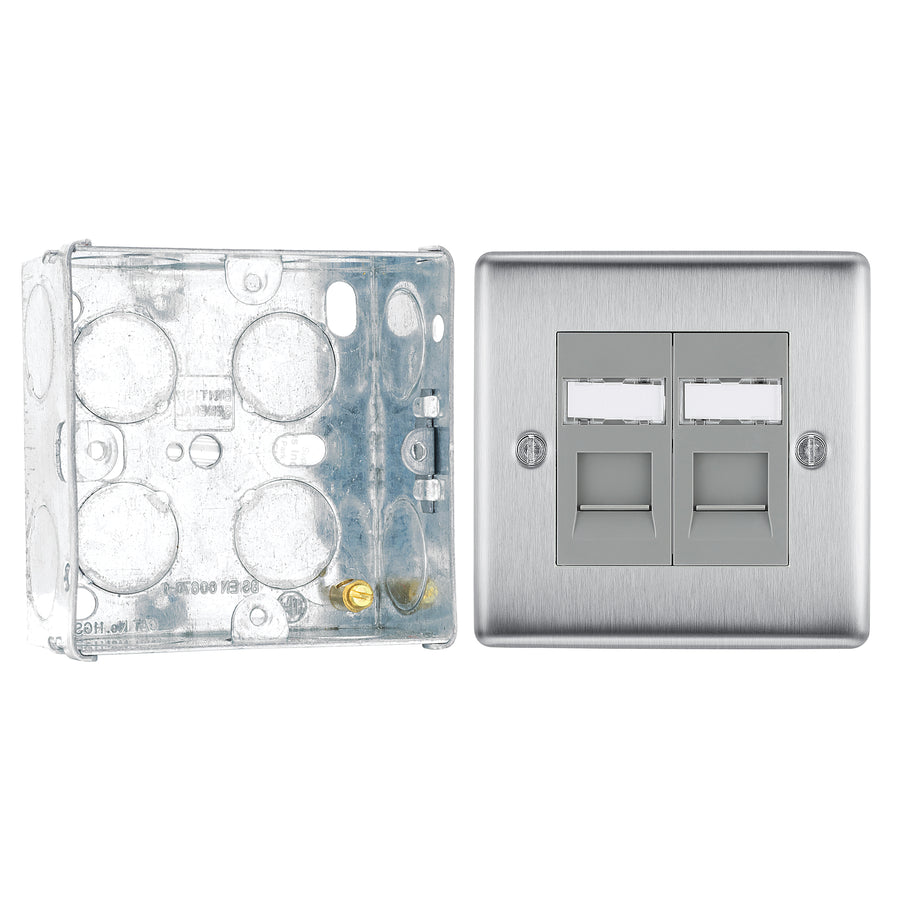 BG Nexus Brushed Steel 2 Gang RJ45 Double Data Outlet NBSRJ452 with 35mm Steel Back Box