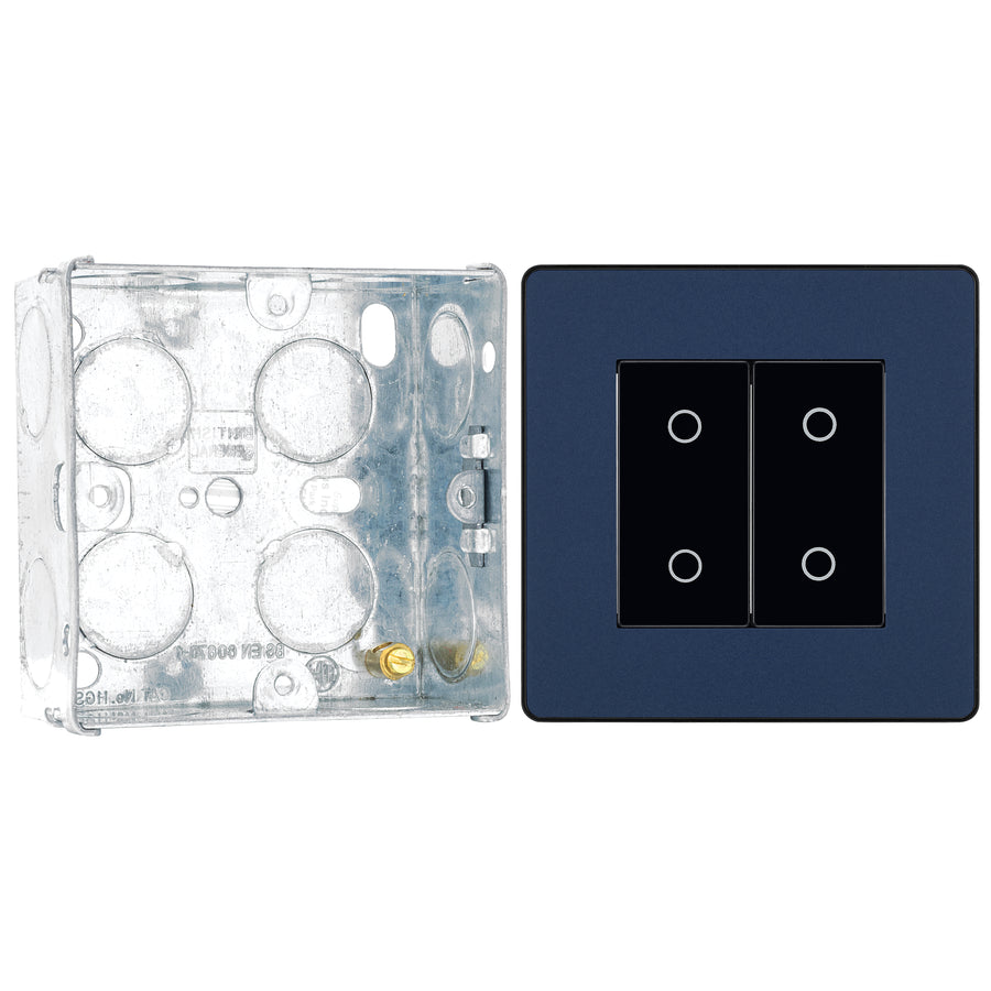 BG Evolve Matt Blue Double Master Touch Dimmer Switch PCDDBTDM2B with 35mm Steel Back Box