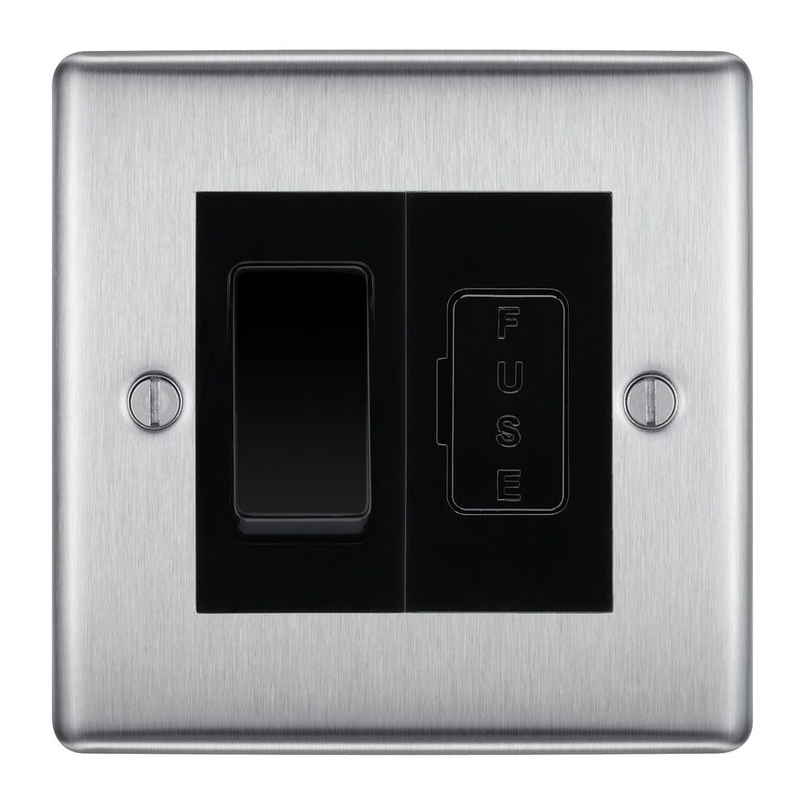 BG Nexus Brushed Steel 2 Way Light Switch & 13A Fused Spur Plate | Black Insert