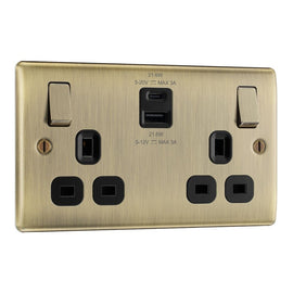 Antique Brass 13A 1x USB-A 1x USB-C Double Switched & Surface Pattress Back Box