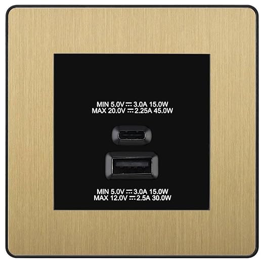 BG Evolve Satin Brass 45W USB Wall Socket Euro Module USB-A & C - Black Insert