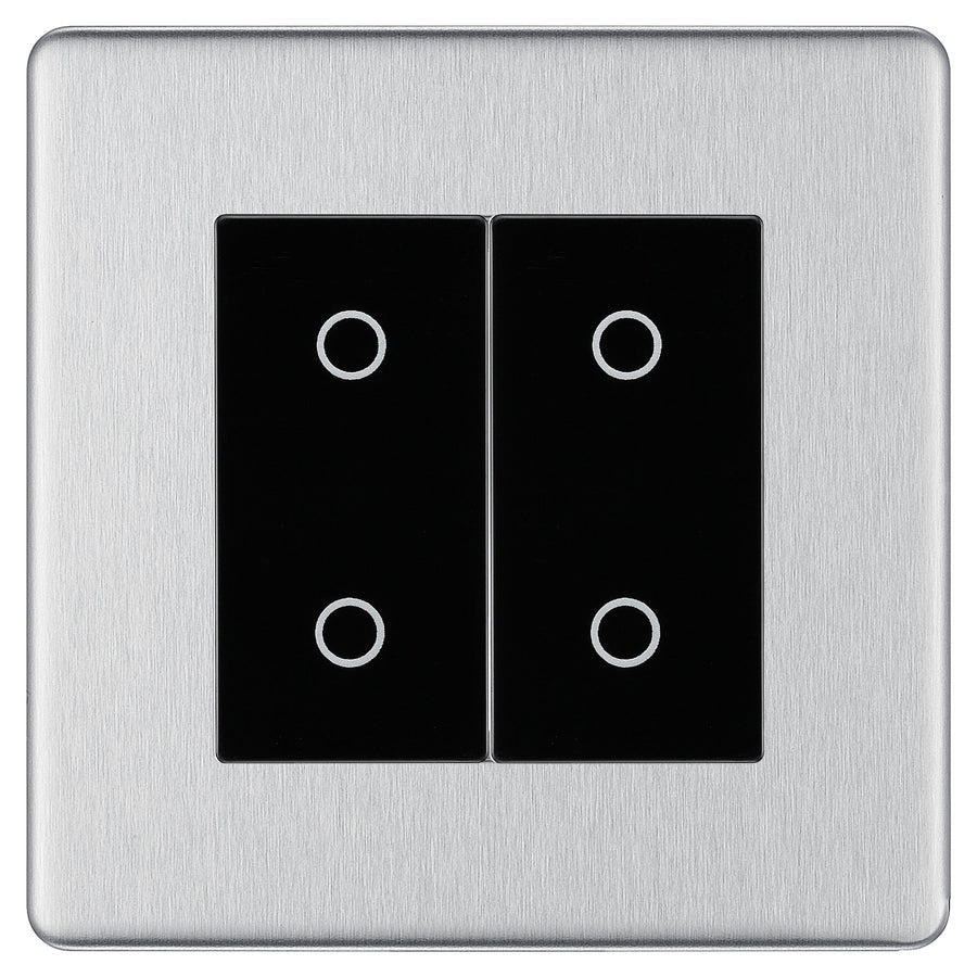 BG Nexus Screwless Brushed Steel Double Master Touch Dimmer Switch Black Inserts