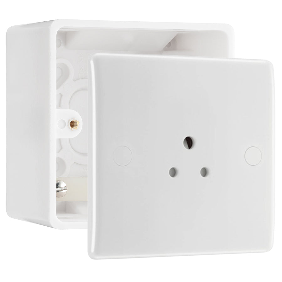 BG Electrical 2A Unswitched Round Pin Socket White & 50mm Pattress Back Box