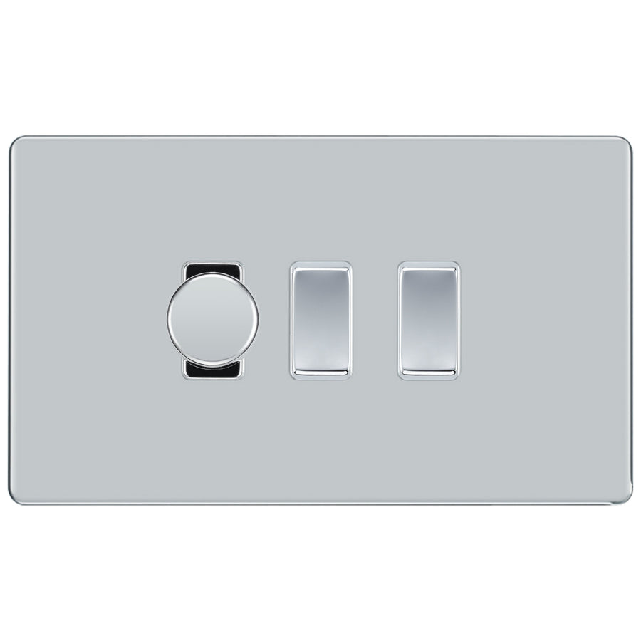 BG Screwless Polished Chrome 3 Gang Switch 1x Trailing Edge LED Dimmer 2x Intermediate Custom Grid Switch