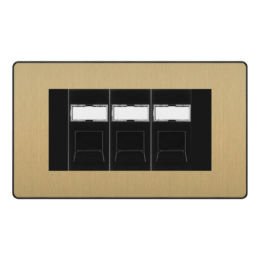 BG Evolve Satin Brass 3 Gang RJ45 Cat6 Data Socket Outlet Black Inserts