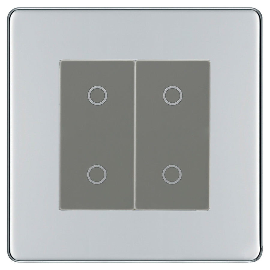 BG Nexus Screwless Polished Chrome Double Secondary Touch Dimmer Switch Grey Inserts FPCTDS2G