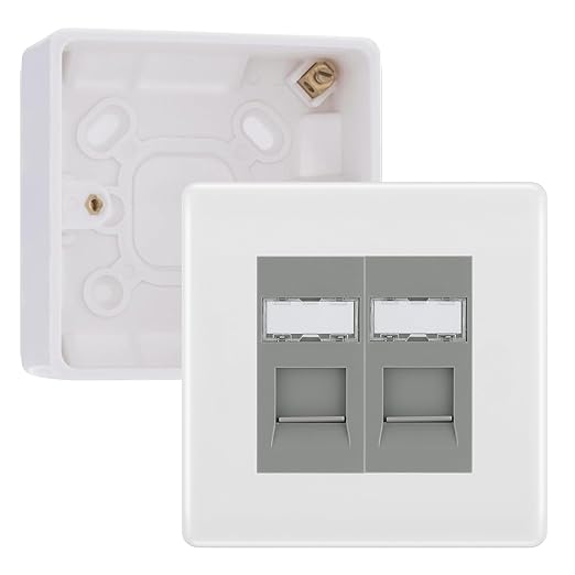 BG Nexus White RJ45 CAT6 Module with 2 Gang Faceplate, 2 Port Network Socket & 32mm Back Box (Grey Insert)