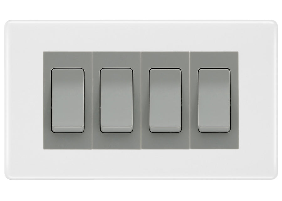 BG White Moulded 4-Gang Light Switch 3x 2-Way + 1x Intermediate – Grey Inserts