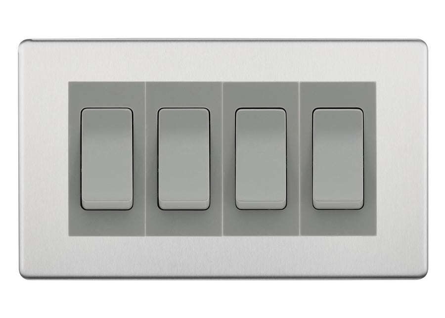 BG Electrical Screwless Brushed Steel 4-Gang Light Switch 2x 2-Way + 2x Intermediate – Grey Inserts