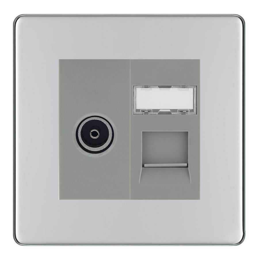 BG Screwless Polished Chrome TV Aerial & RJ45 CAT6 Data Socket - Grey Insert