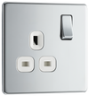  FPC21W Front - This Screwless Flat plate polished chrome finish 13A single switched socket from British General has a sleek flat profile that clips on and off for a screwless premium finish with no visible plastic around the switch.